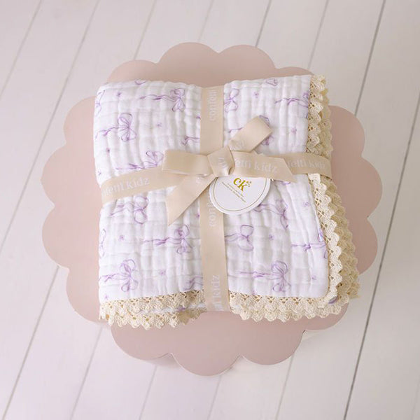 Confetti Kidz Muslin Blanket with Lace Trim - Lilac Bows