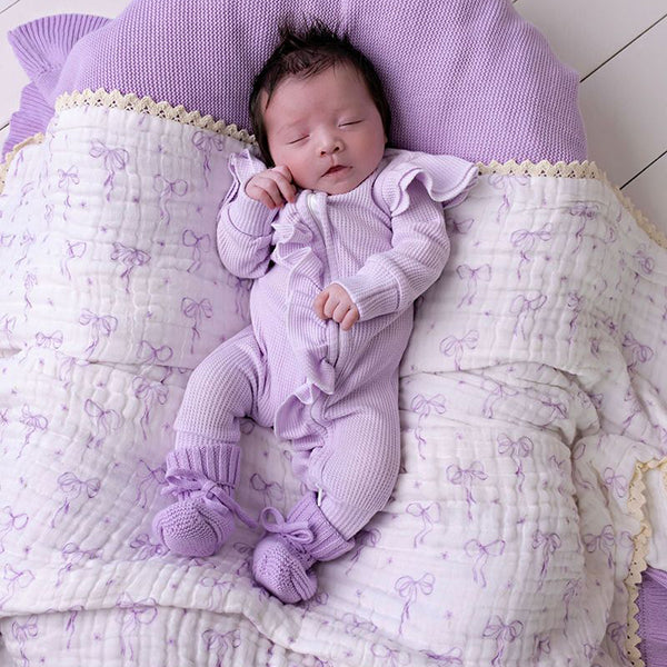 Confetti Kidz Muslin Blanket with Lace Trim - Lilac Bows