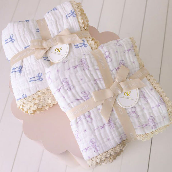 Confetti Kidz Muslin Blanket with Lace Trim - Lilac Bows