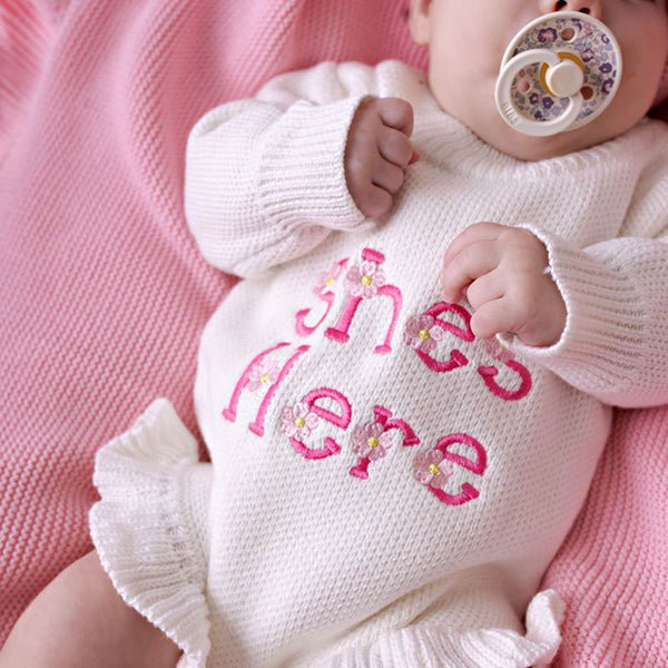Confetti Kidz "She's Here" Floral Knit Romper Snow