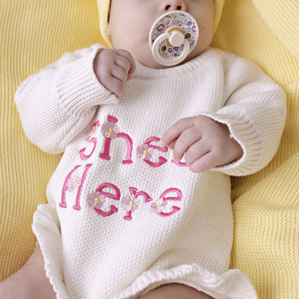 Confetti Kidz "She's Here" Floral Knit Romper Snow