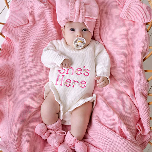 Confetti Kidz "She's Here" Floral Knit Romper Snow